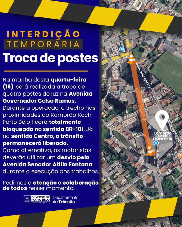 Troca de quatro postes altera trânsito na Avenida Governador Celso Ramos, em Porto Belo troca-de-quatro-postes-altera-transito-na-avenida-governador-celso-ramos,-em-porto-belo