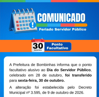 Bombinhas transfere ponto facultativo do Dia do Servidor Público para 30 de outubro bombinhas-transfere-ponto-facultativo-do-dia-do-servidor-publico-para-30-de-outubro